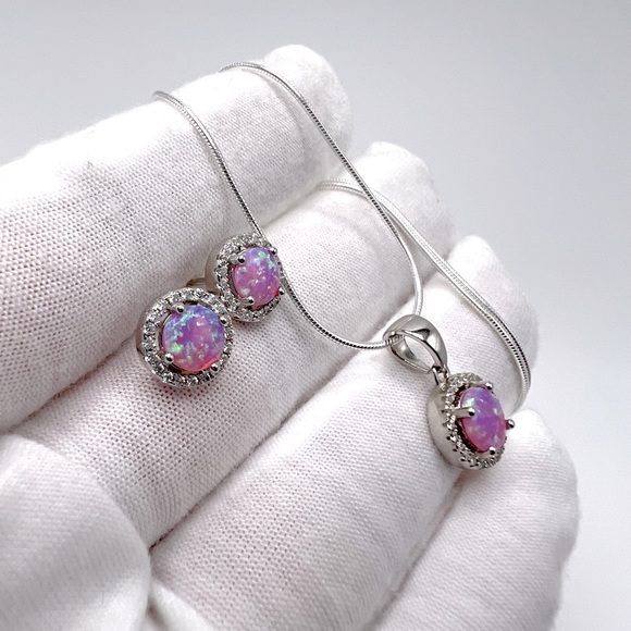Sterling Silver Halo Pink Fire Opal Cz Set - Picture 4 of 17